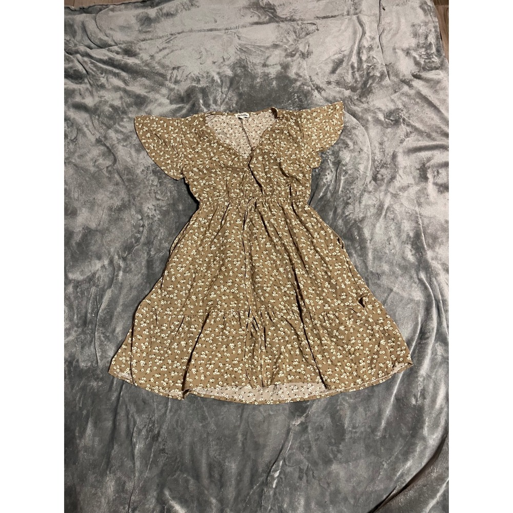 Camellia Olive Floral V-Neck Mini Dress Flutter Sleeve Elastic Waist Small